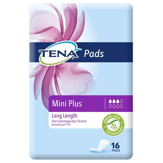 TENA PADS MINI PLUS LONG LENGTH (PK 16/6 CT)